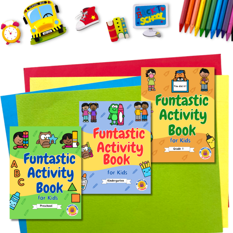 three Amazon KDP activity workbooks: preschool, Kindergarten, Grade 1